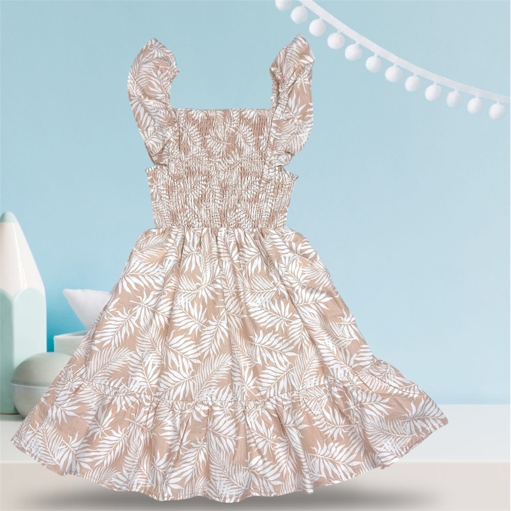 btween Tan Leaf Print Casual Kids Dress